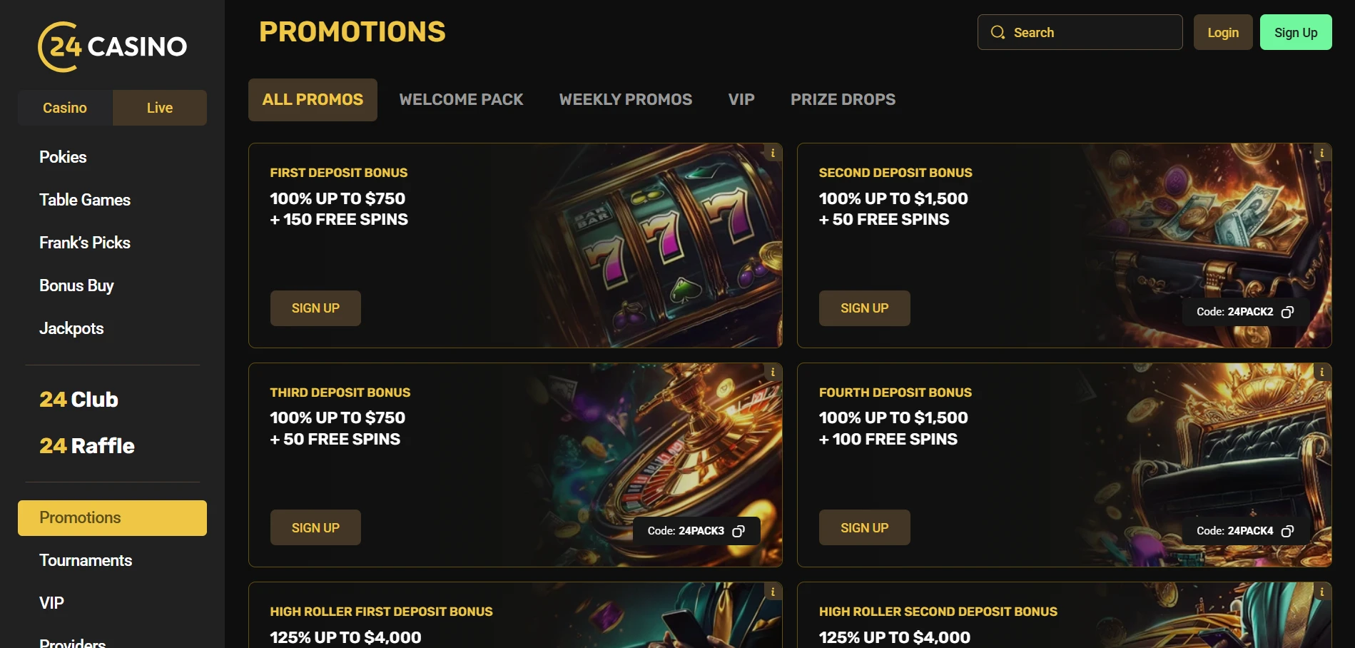 24Casino promotions page with first to fourth deposit bonus cards and promo codes 24PACK2, 24PACK3 and 24PACK4