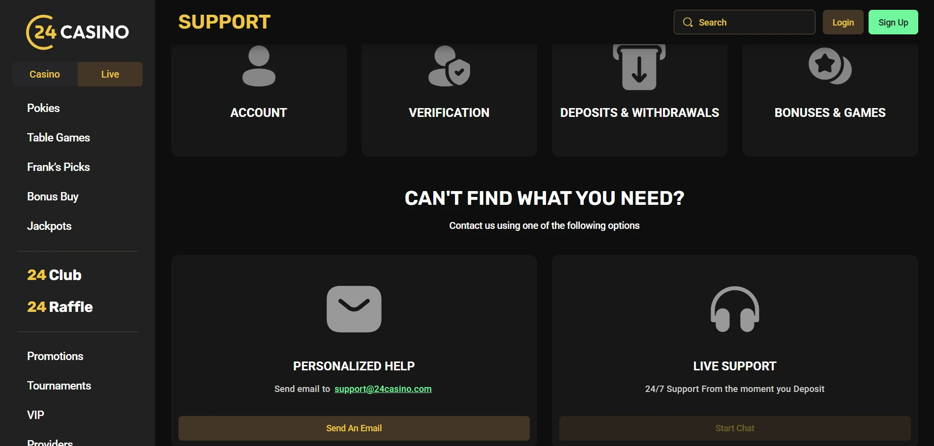 24Casino support page with Account, Verification, Deposits and Withdrawals categories and email and live chat options