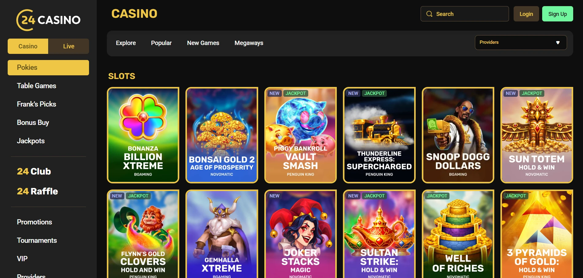 24Casino pokies lobby with Bonanza Billion Xtreme, Bonsai Gold 2, Snoop Dogg Dollars and Sun Totem tiles