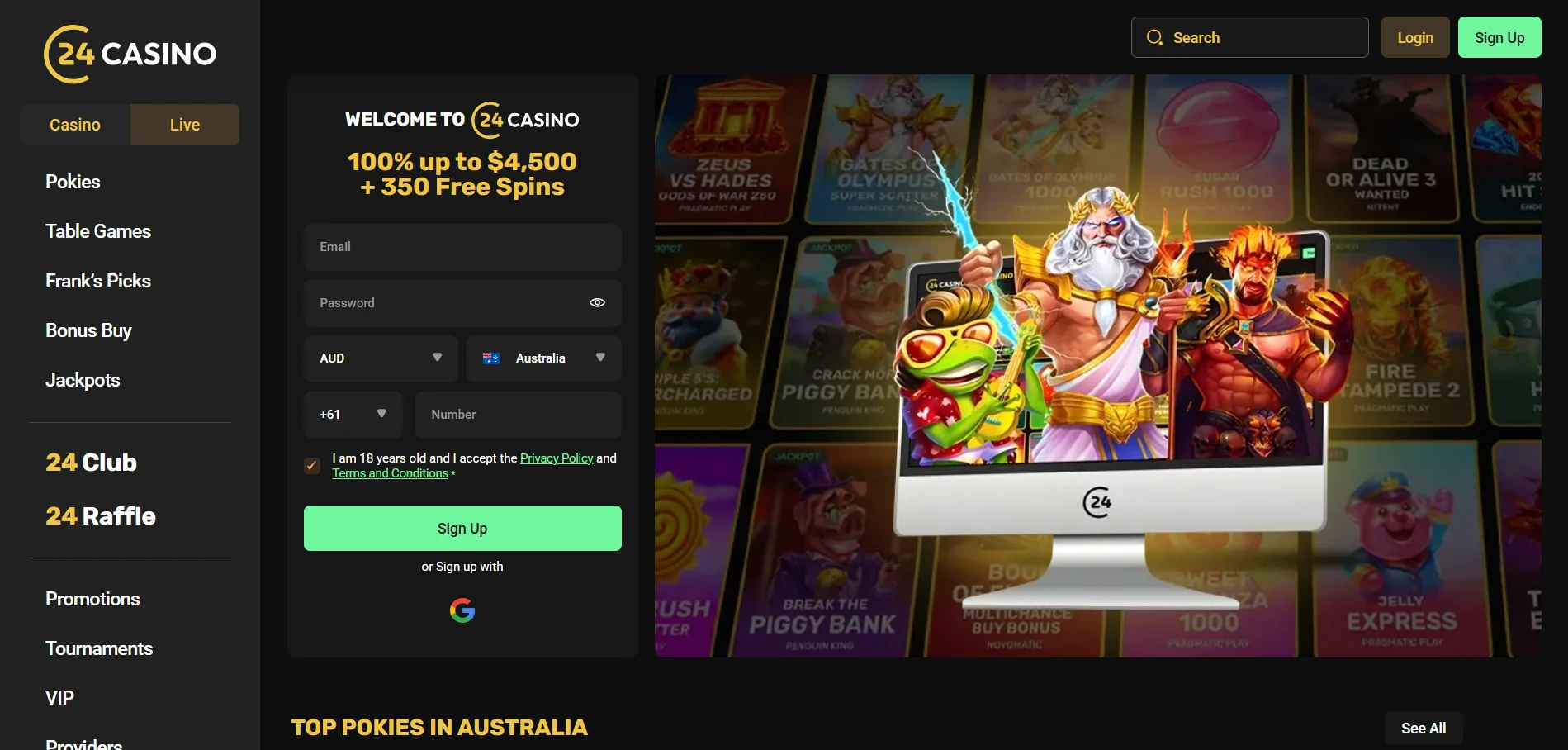 24Casino home page with the sign-up form, the 100% up to $4,500 + 350 Free Spins banner and the pokies menu in the sidebar