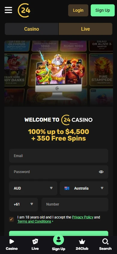 24Casino mobile view with the Login and Sign Up buttons, the welcome offer banner and the bottom navigation bar