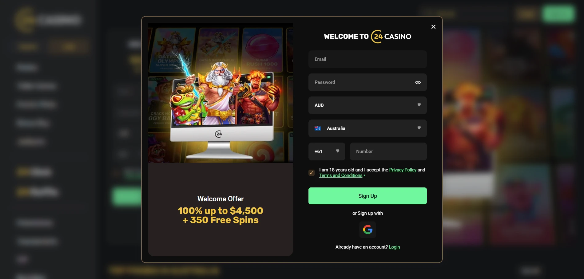 24Casino registration window with AUD and Australia selected